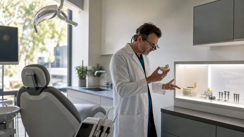 Dentist displaying zirconia All-on-4 dental implant prosthesis