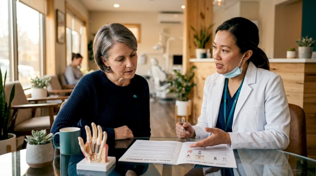Patient and dentist reviewing dental implant warranty document