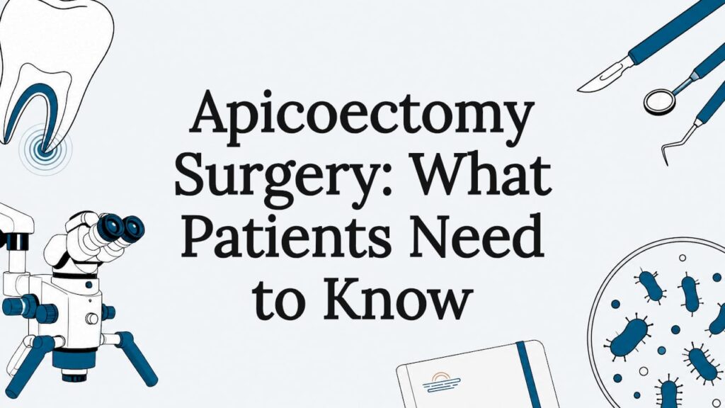 Decorative editorial title card with dental surgery icons