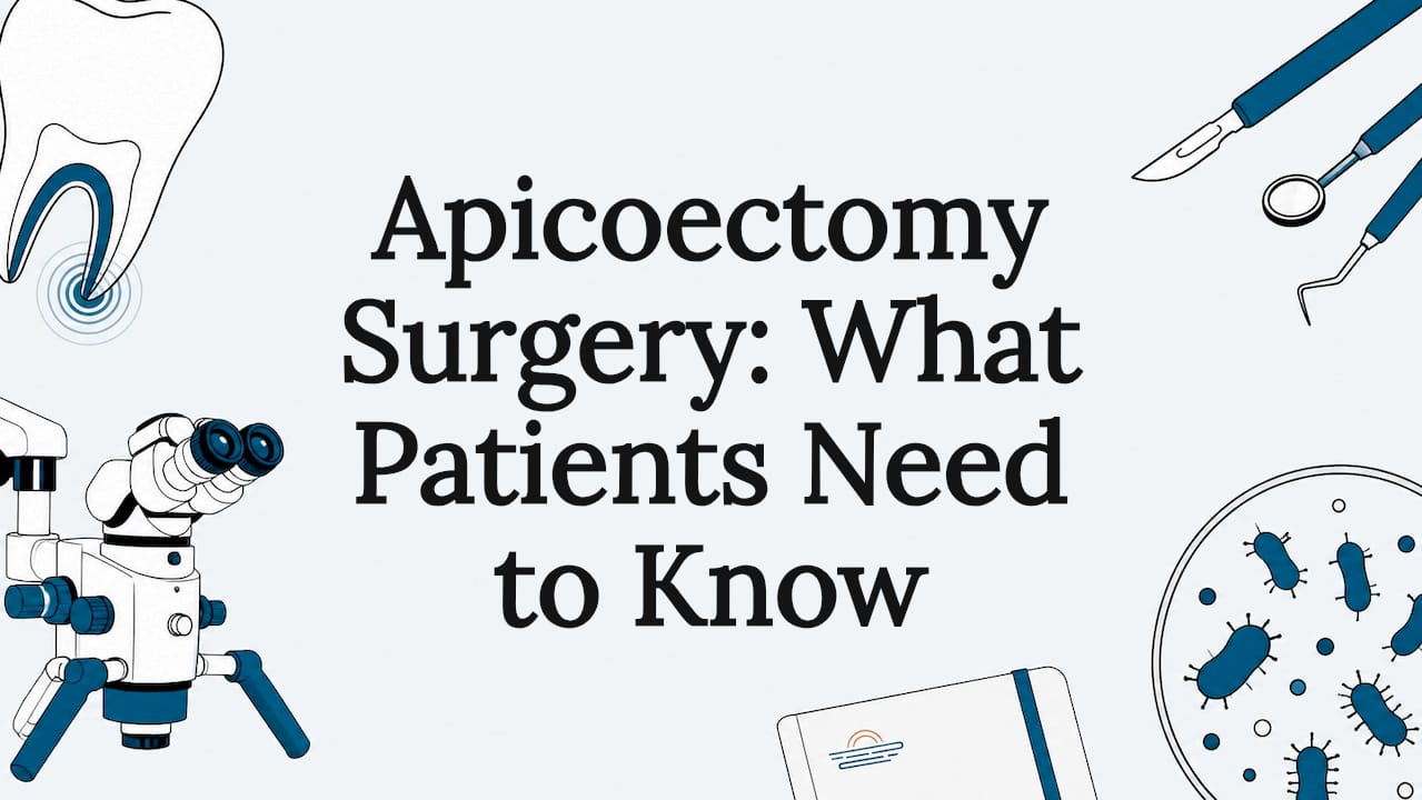 Decorative editorial title card with dental surgery icons