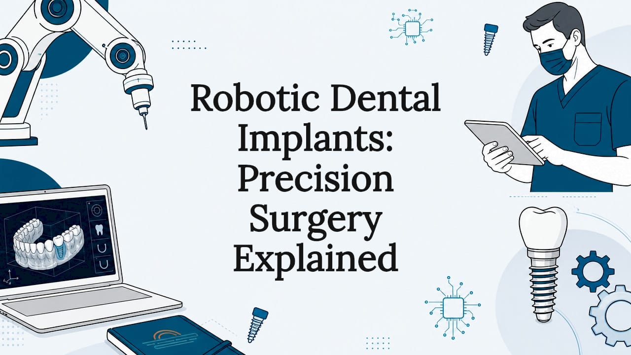 Decorative title card illustration with dental robotic elements