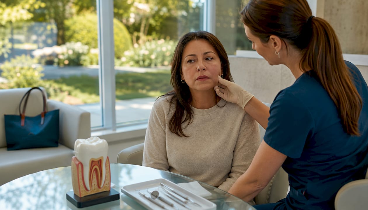 Dentist examining patient with facial swelling from abscess