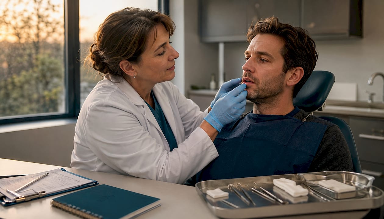 Dentist examining patient's bitten lip
