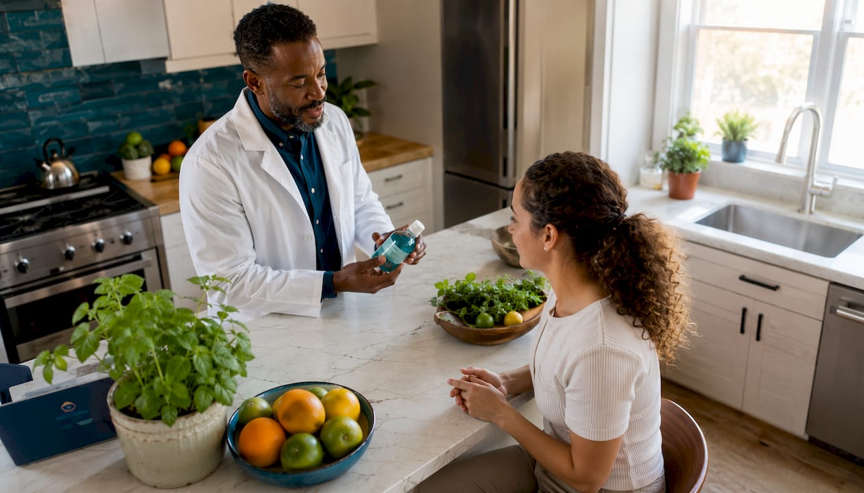 Pharmacist explaining safe mouthwash usage