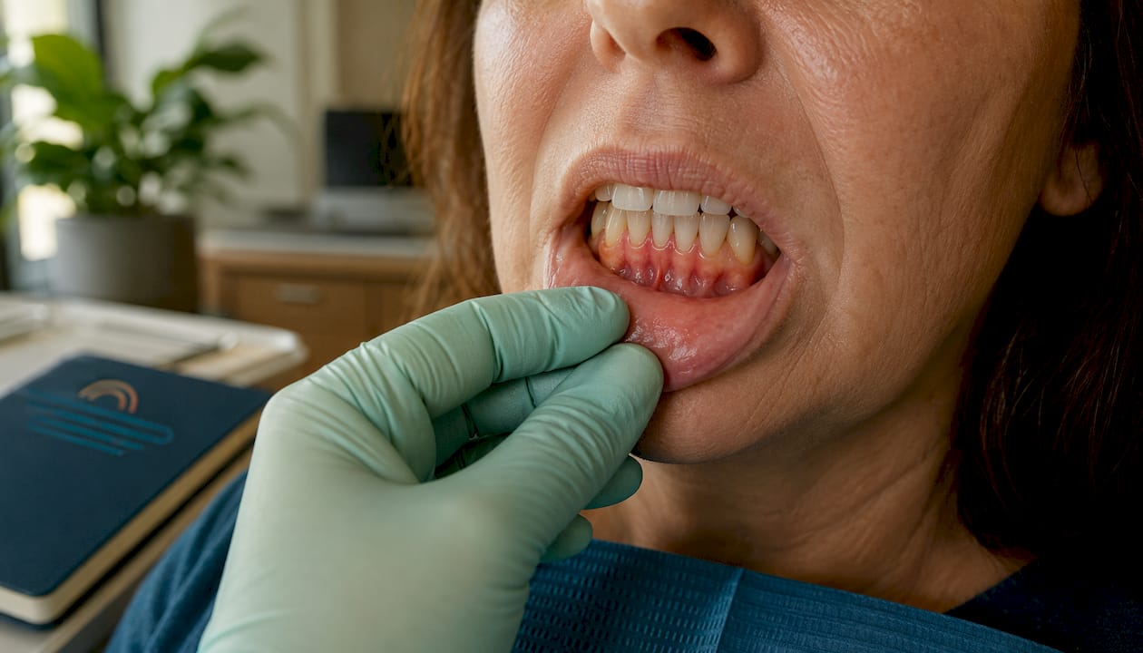 Close-up of receding bottom gums symptoms