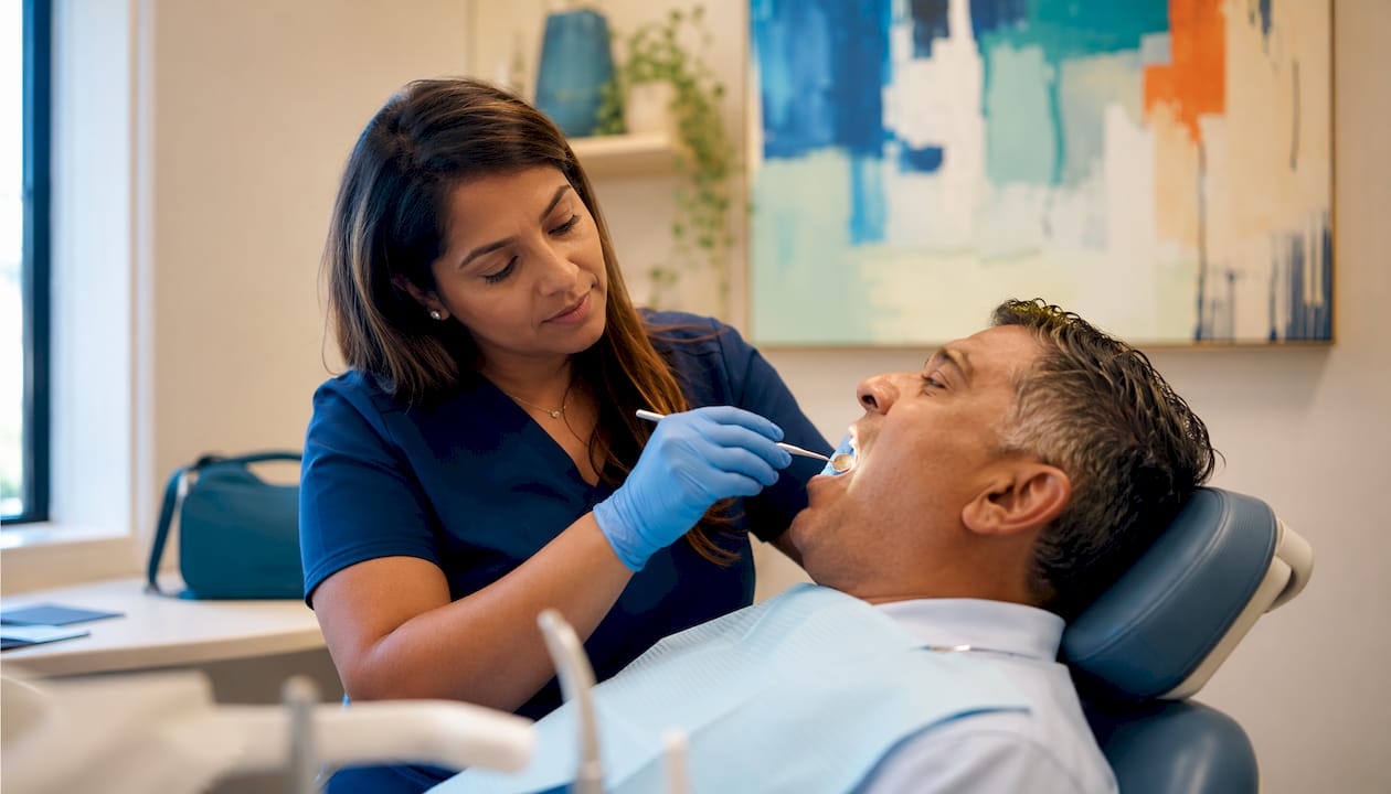 Dentist examining patient's bottom gums