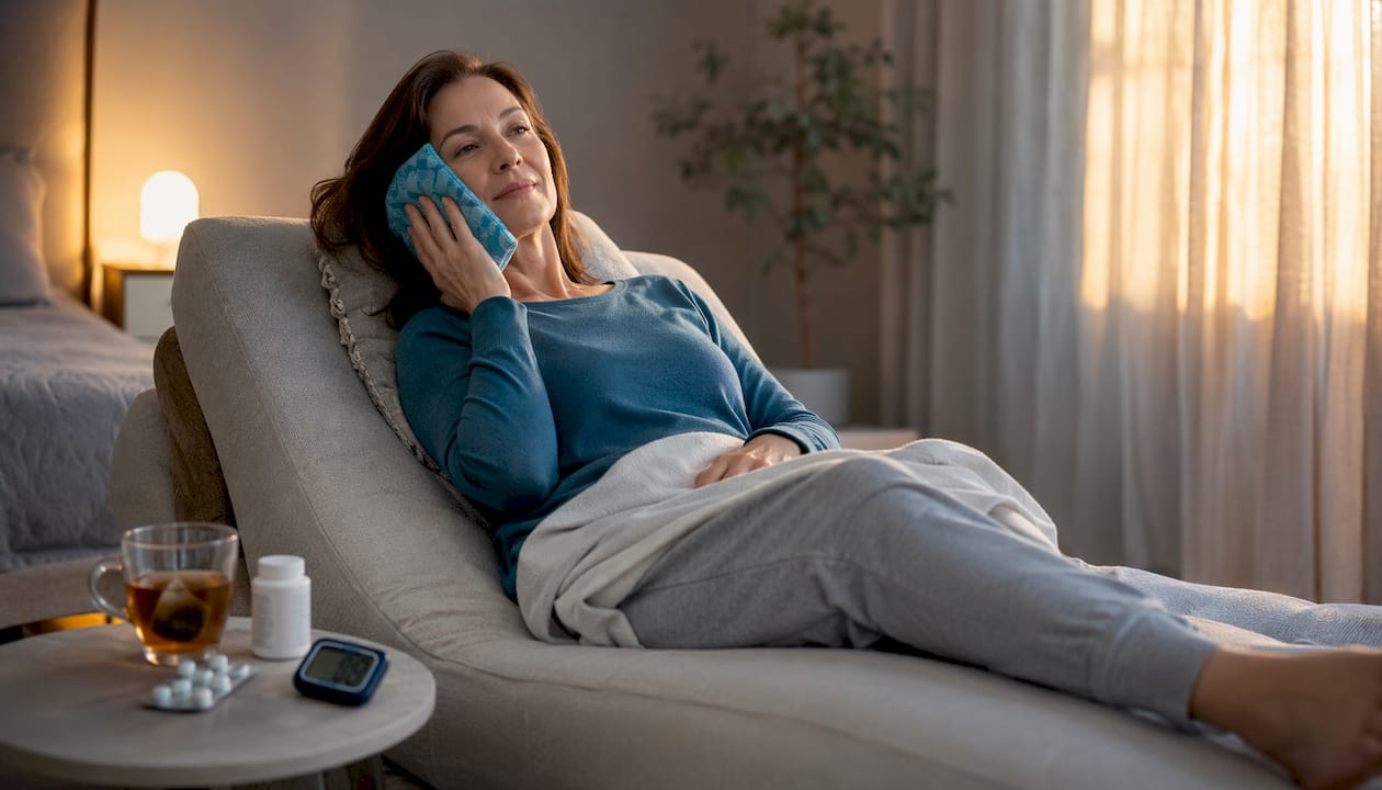 Patient resting at home with ice pack on cheek