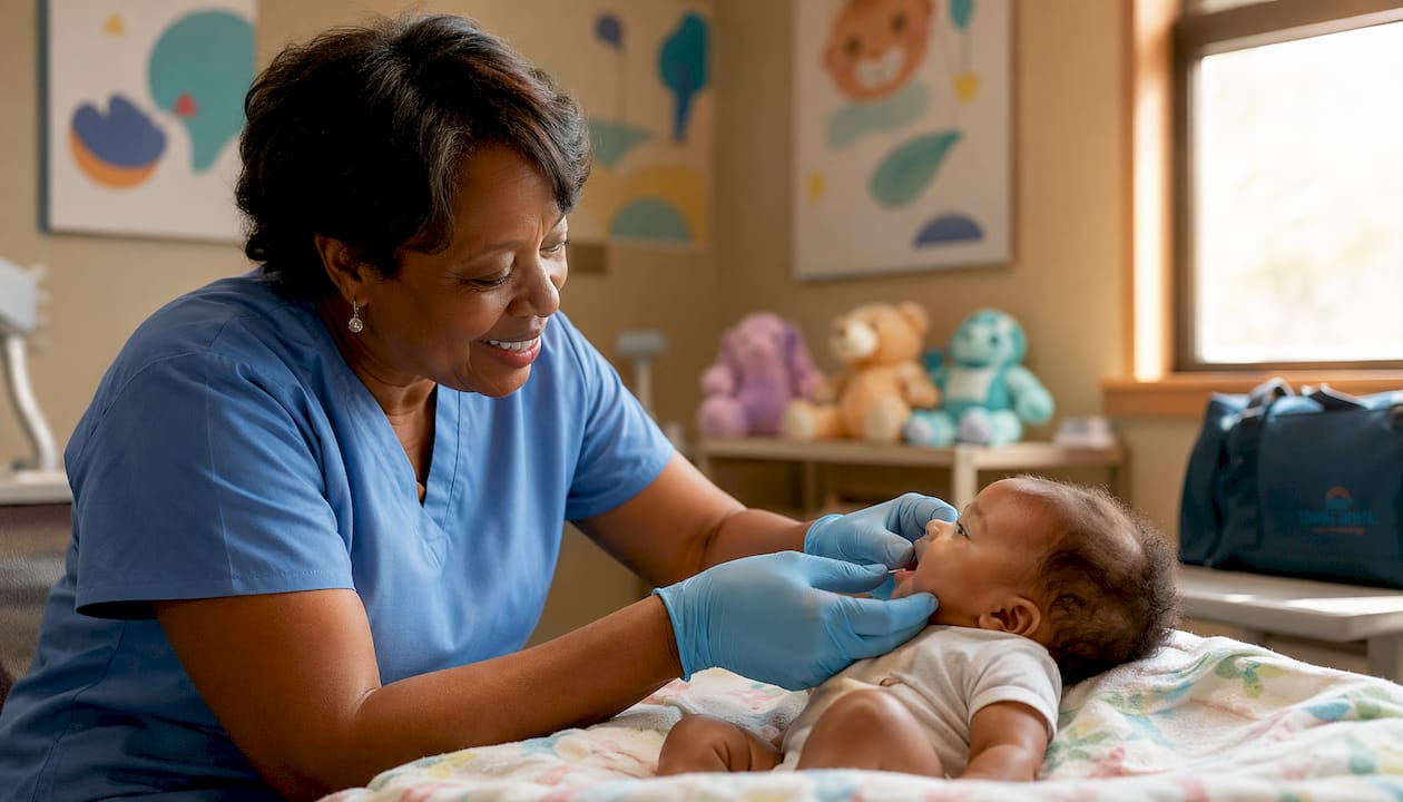 Pediatric dentist examines infant jaw in clinic