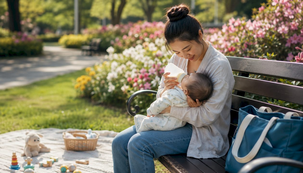 Mother feeding infant with bottle in nursery