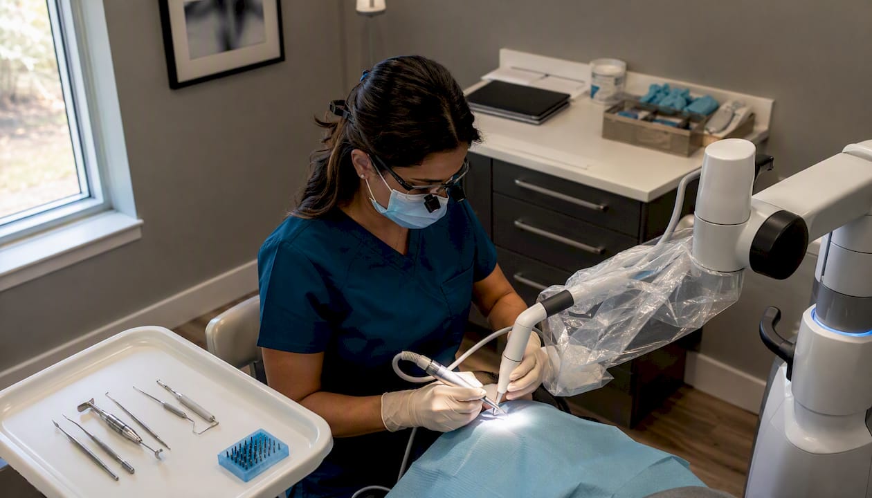 Dentist controlling Yomi robot in surgery room