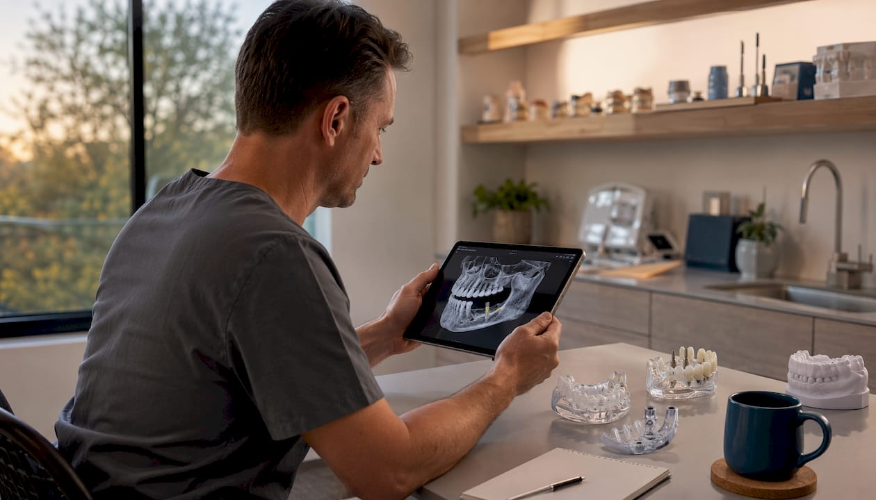 Dental technician reviewing CBCT jaw scan
