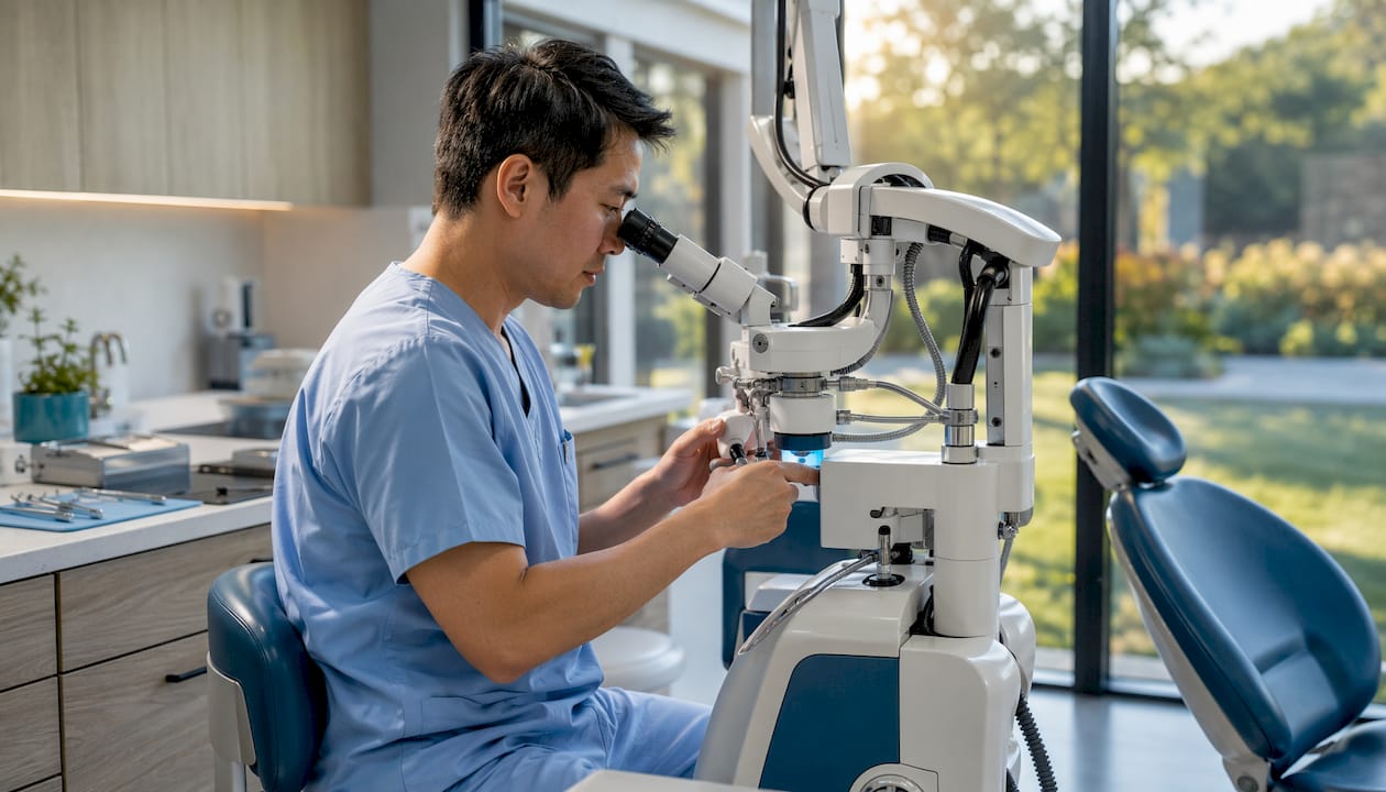 Dentist operating Yomi robotic dental surgery system