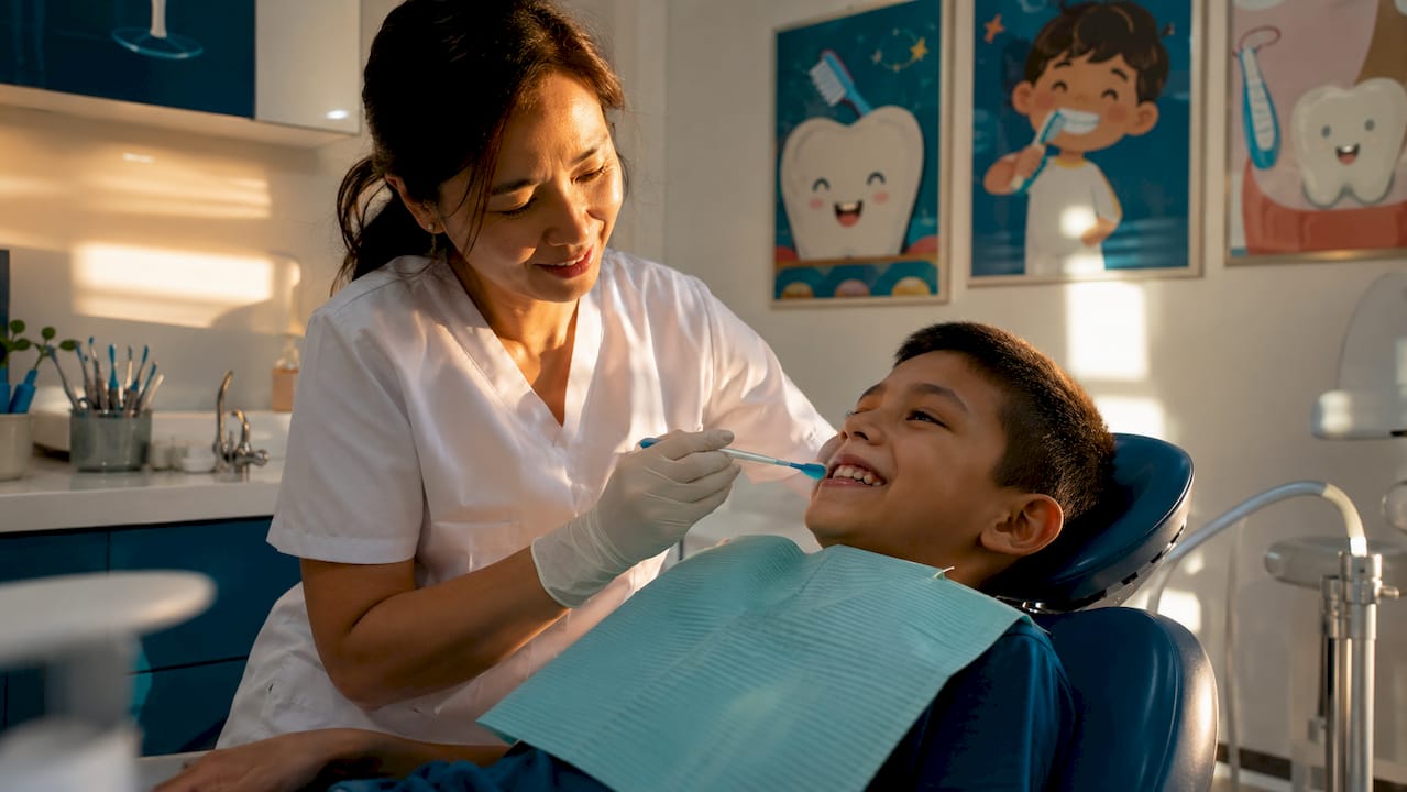 Dentist applying fluoride varnish to child patient