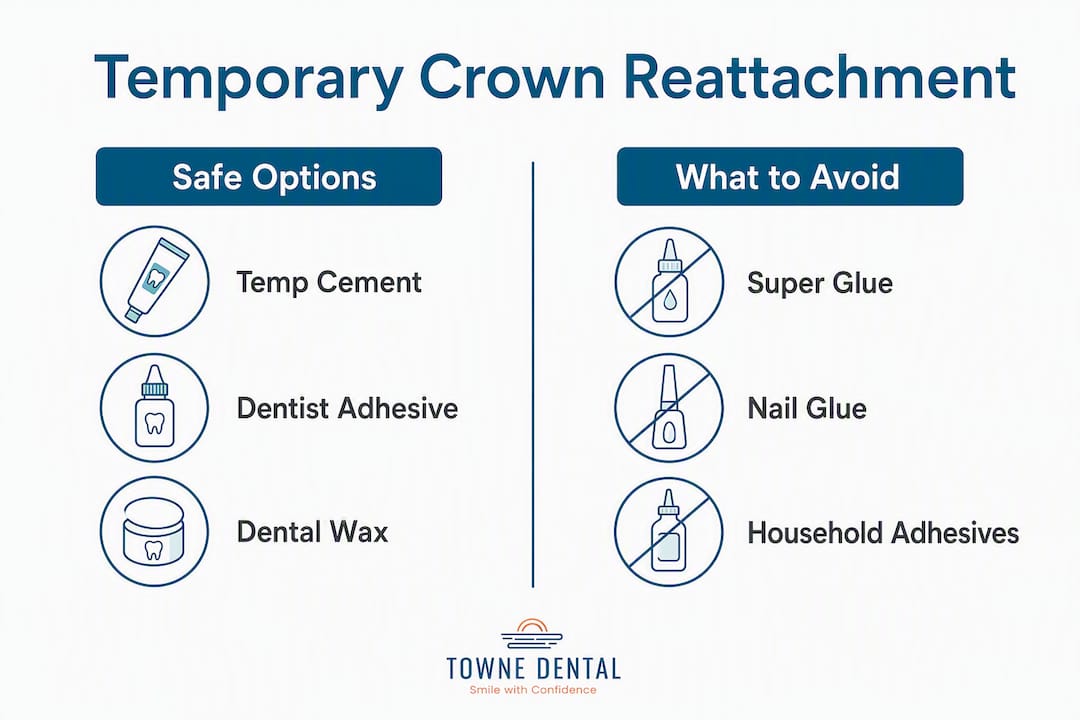 Infographic comparing safe and unsafe temporary crown reattachment options