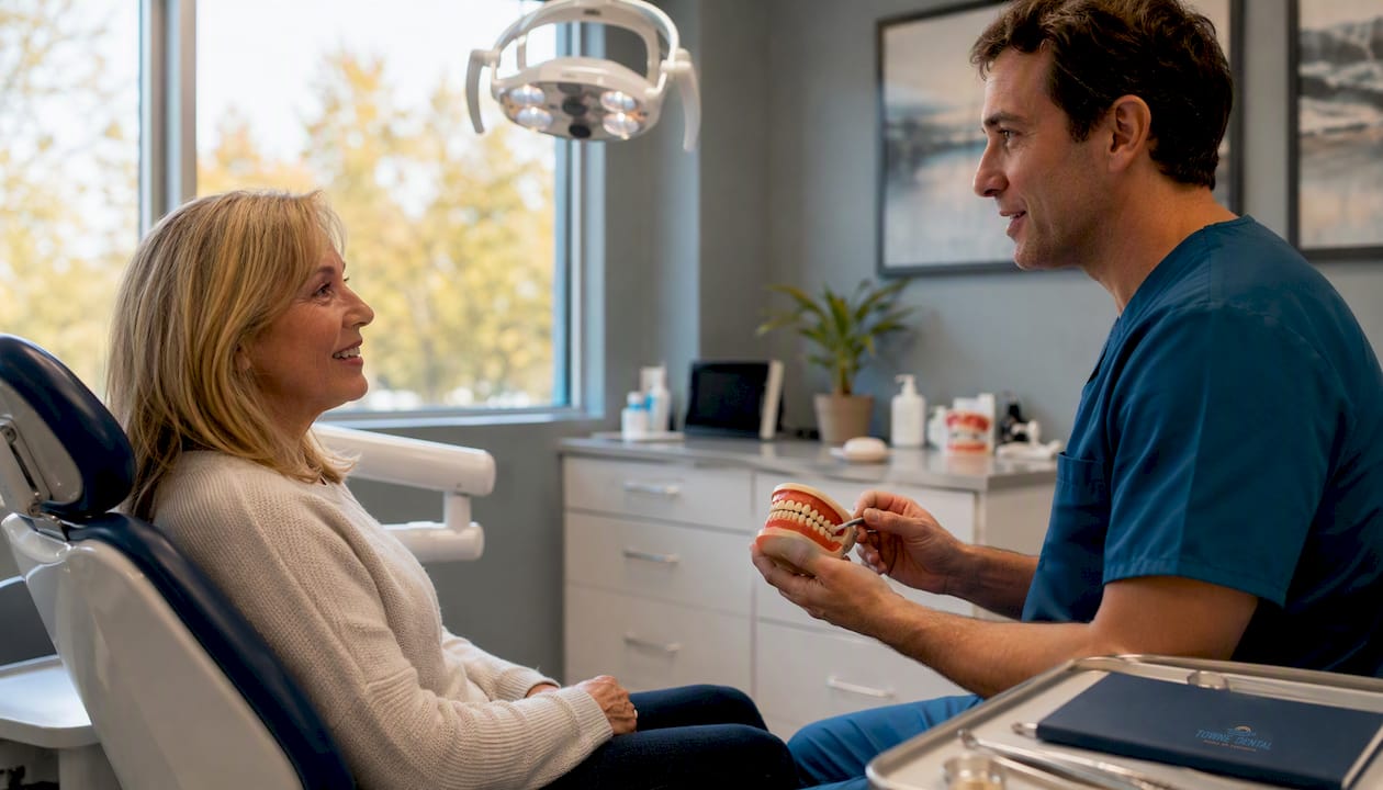Dentist consulting patient on tooth restoration