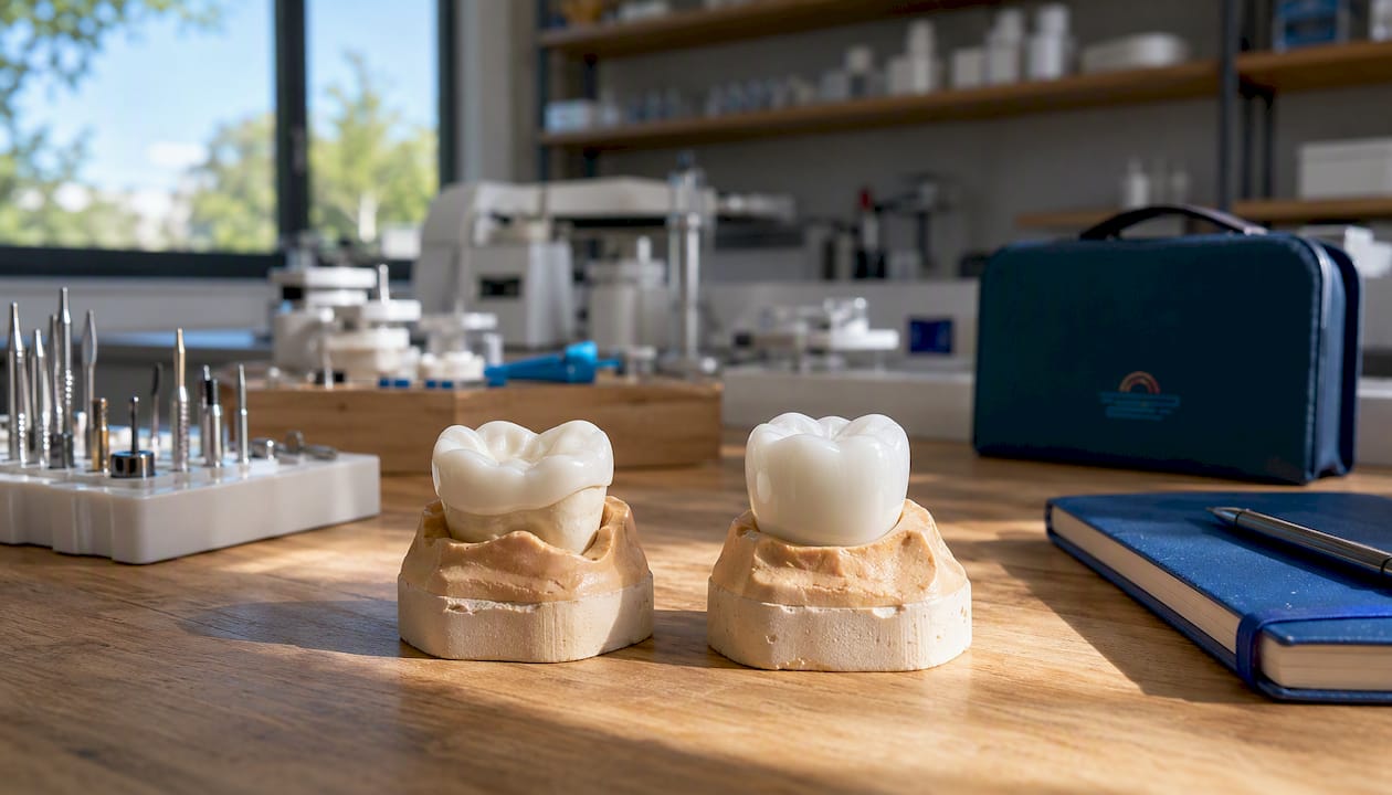 Close-up of dental onlay and crown models