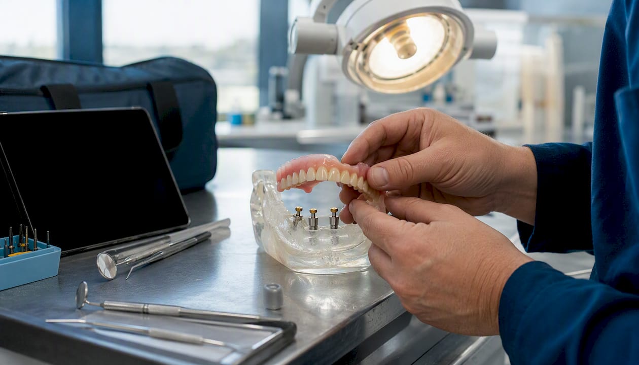 Dentist holding snap-in denture and jaw model