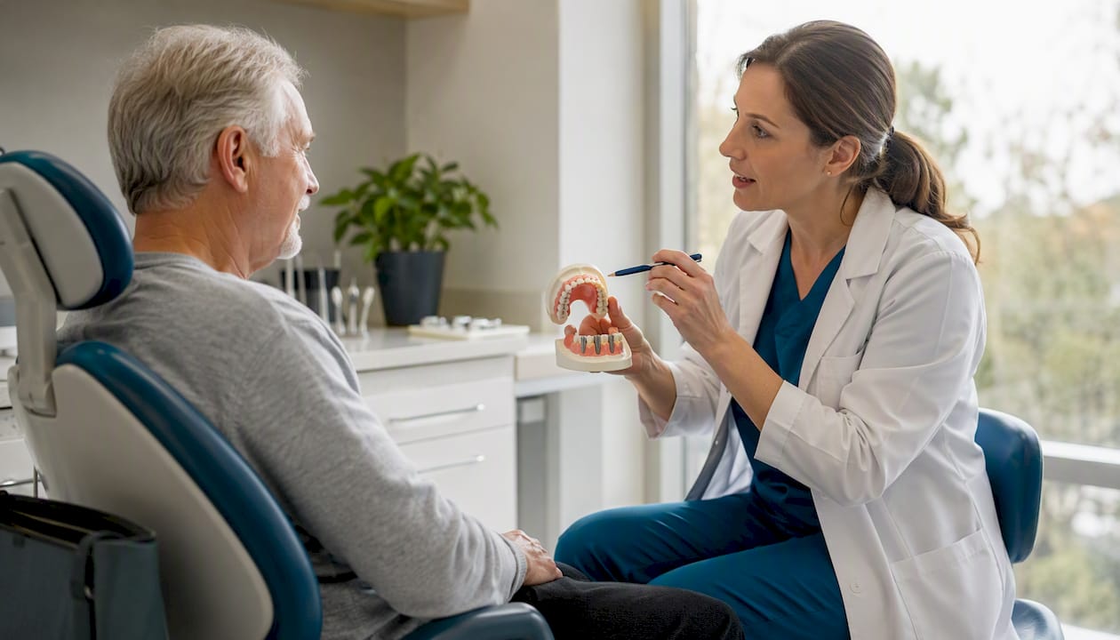 Patient consultation about snap-in dentures in clinic
