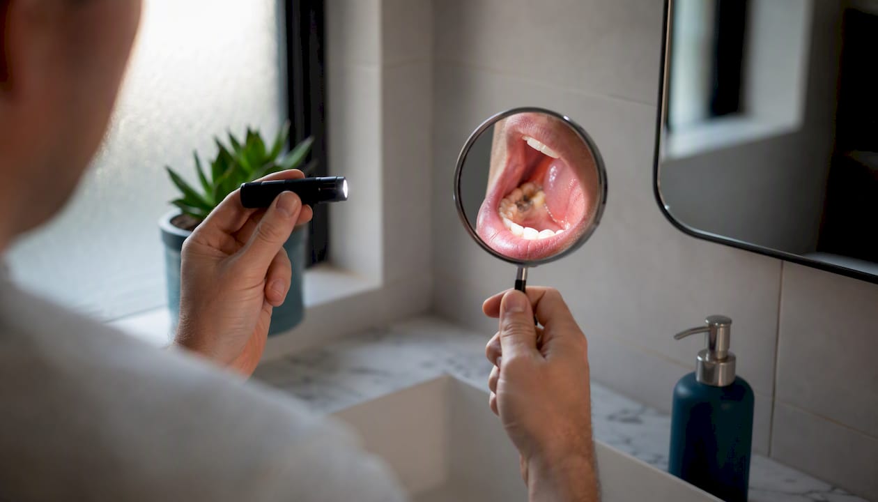 Person inspecting tooth extraction site with mirror and light