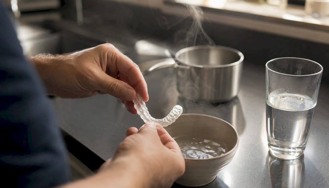 Hands preparing boil-and-bite night guard in hot water