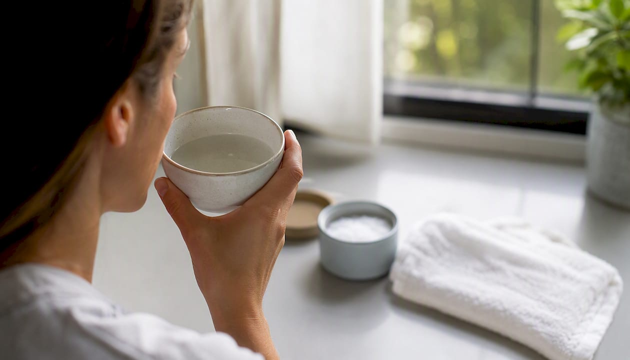 Hand holding warm salt-water rinse glass