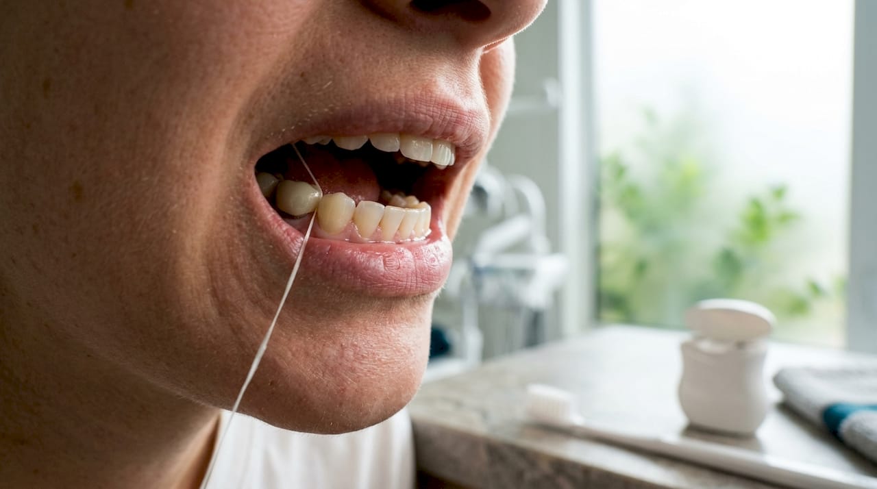 Close-up of gentle flossing near temporary crown