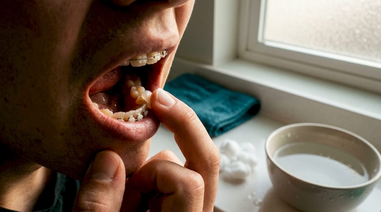 Person applying orthodontic wax to sharp broken tooth edge