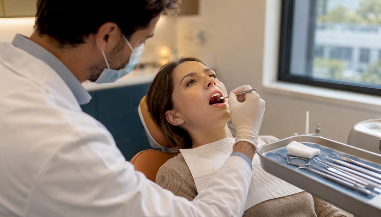 Dentist tapping tooth during dental exam