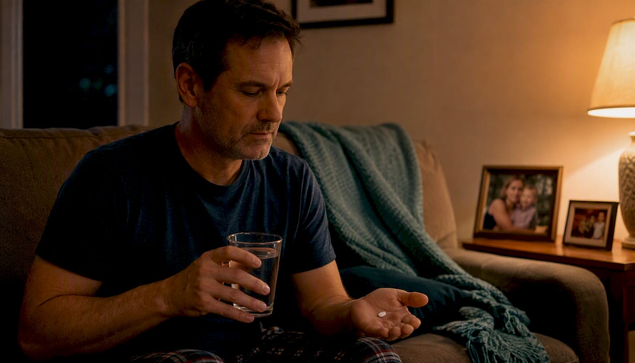 Person taking pain relief pill at night