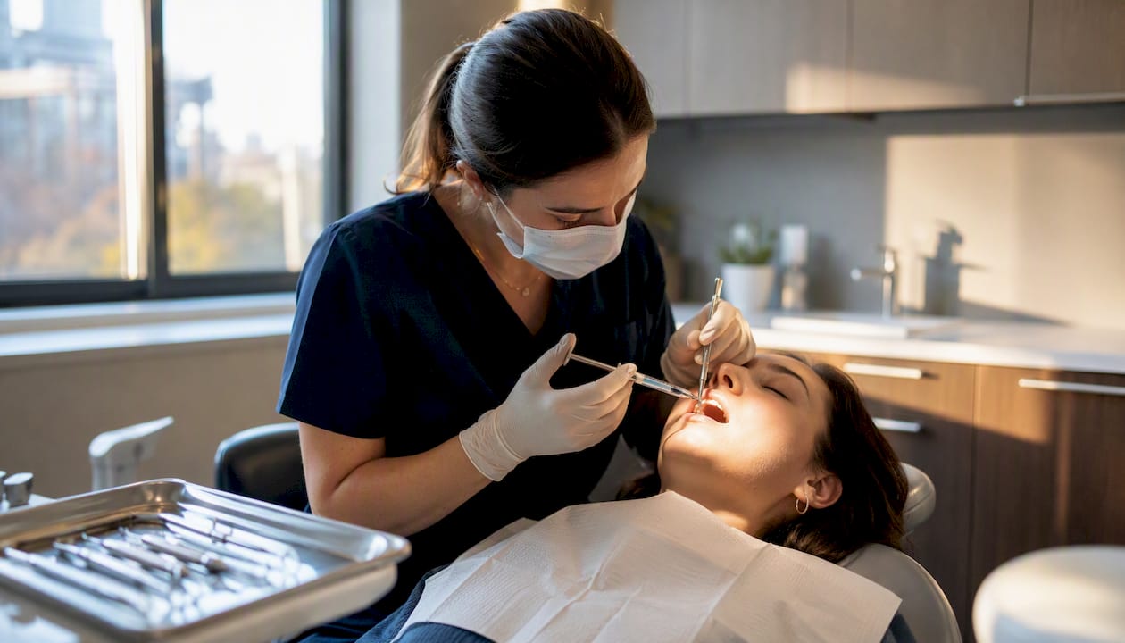 Anesthesia injection in gum during dental procedure