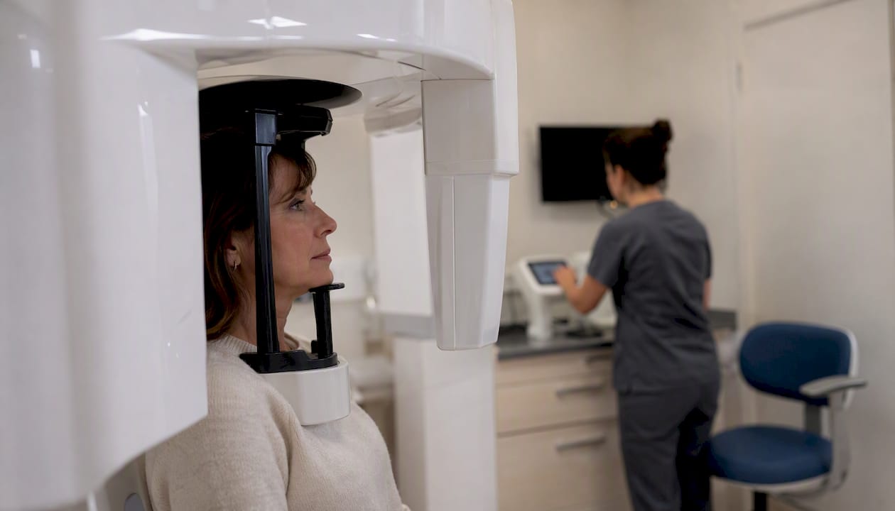 Patient undergoing dental cone-beam CT imaging