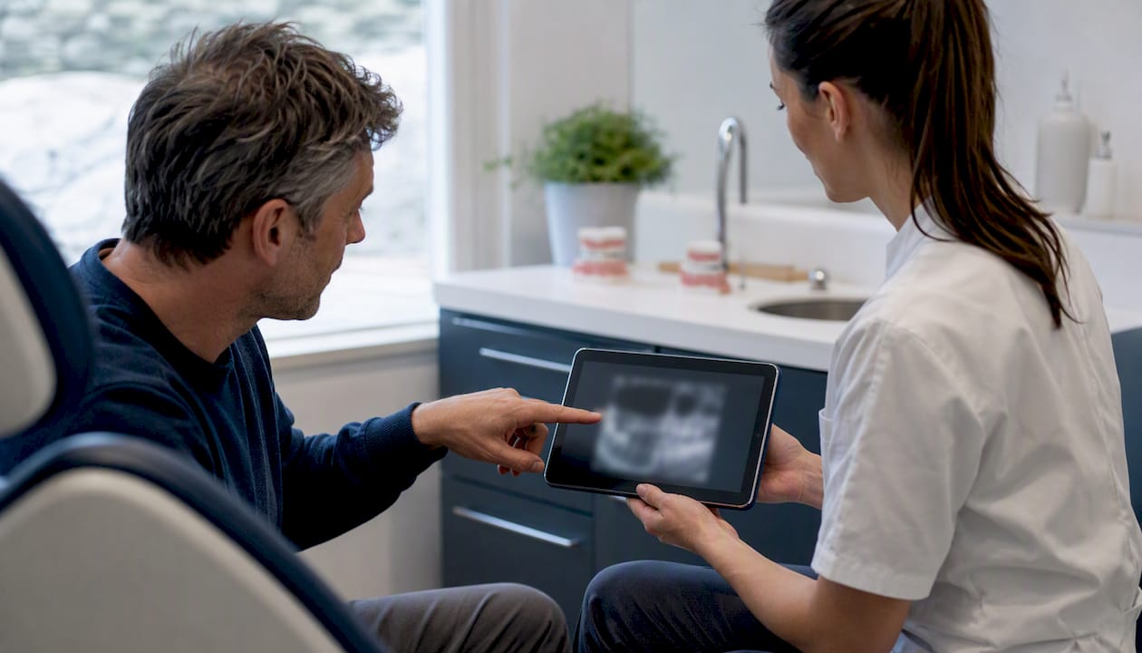 Patient and dentist reviewing bone graft imaging