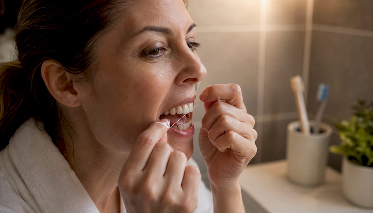 Adult flossing crowded teeth close-up