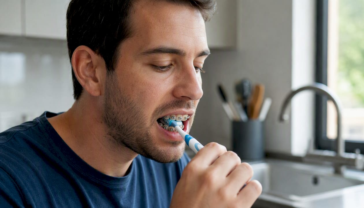 Adult brushing fixed braces near sink
