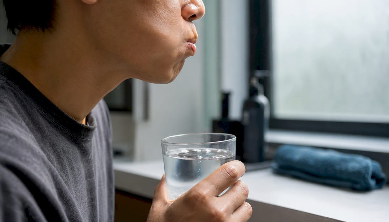 Person rinsing mouth with warm saltwater