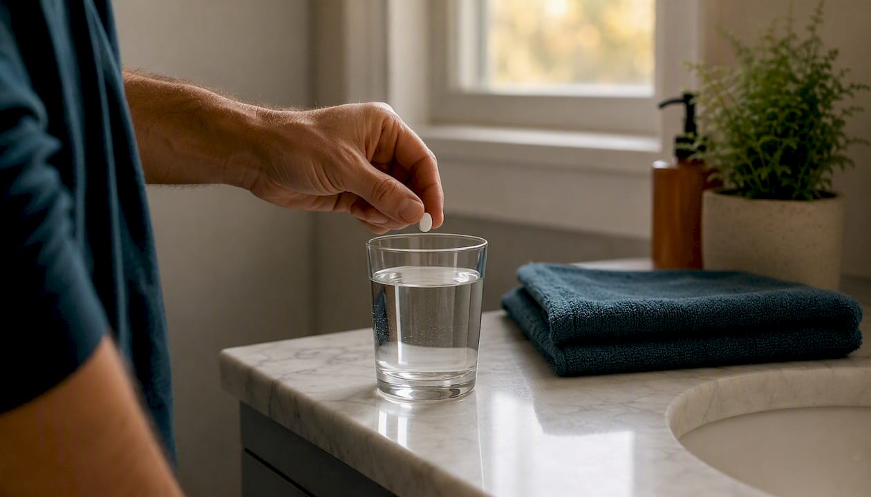Hand holding ibuprofen pill over a glass of water