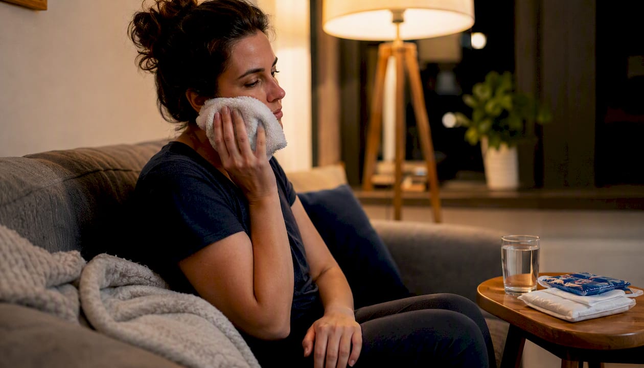 Person applying cold compress to cheek in bed