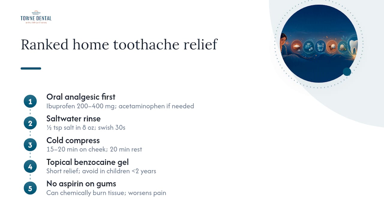 Diagram ranking home toothache relief methods by effectiveness and safety