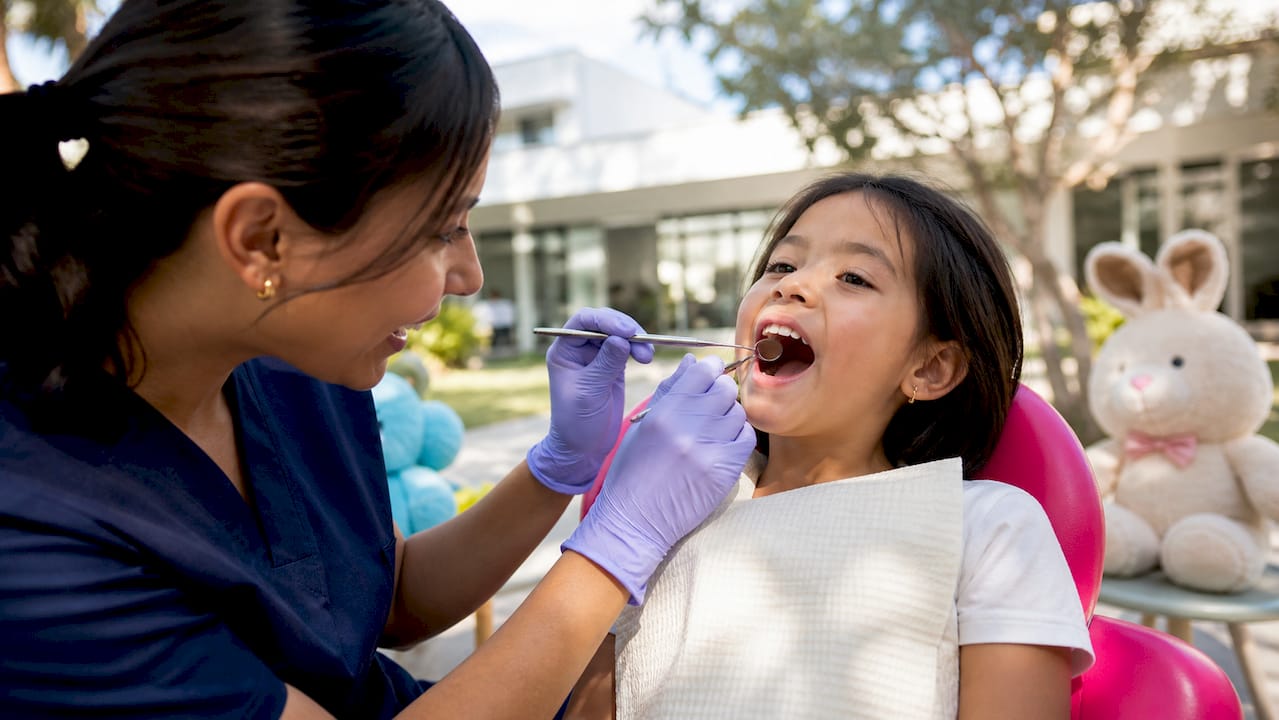 Dental assistant performing early dental assessment on child