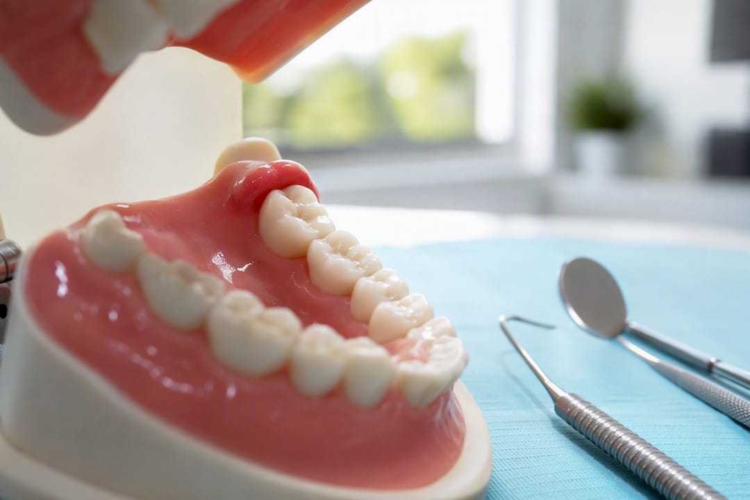 Close-up of swollen gum flap over wisdom tooth