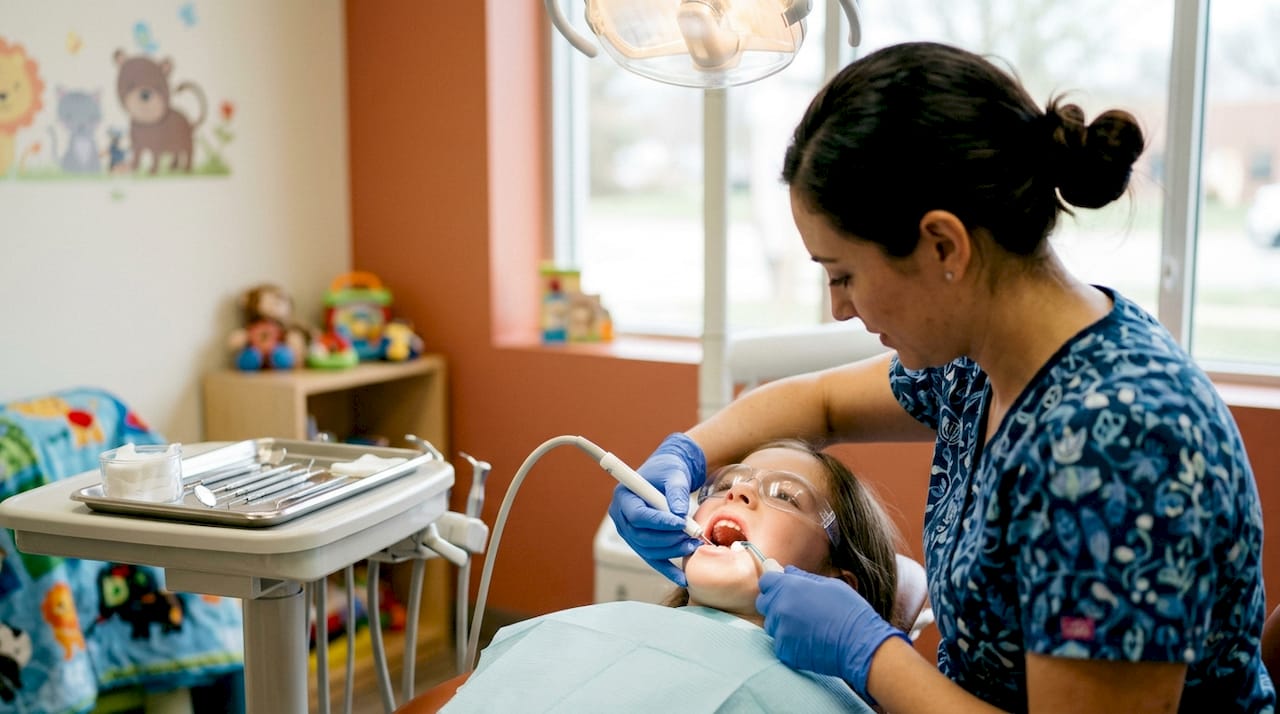 Dental hygienist performing professional teeth cleaning