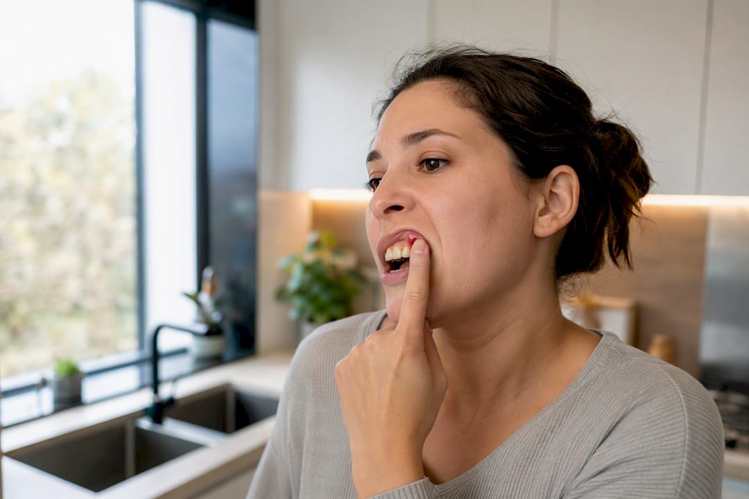 Patient touching swollen gums after gum contouring