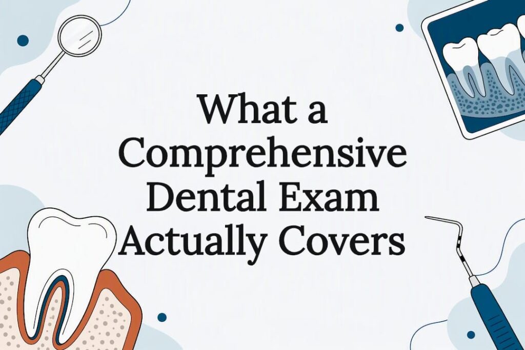 Decorative dental exam title card illustration