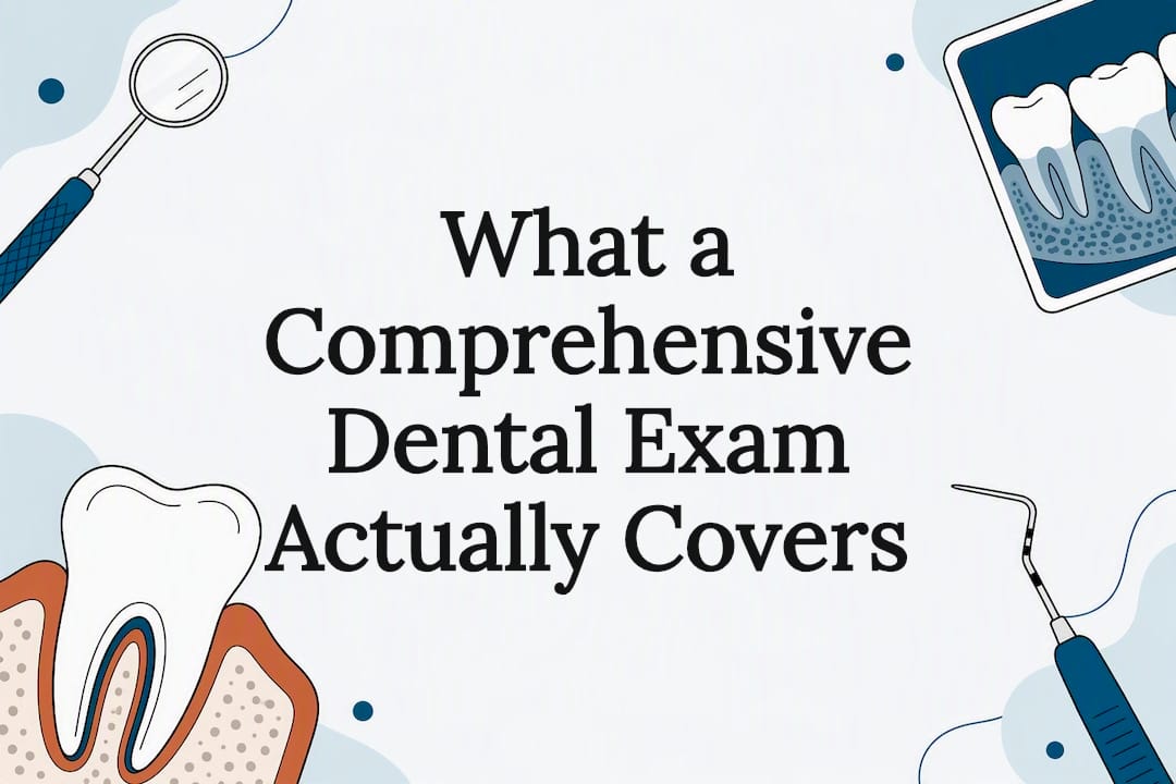 Decorative dental exam title card illustration