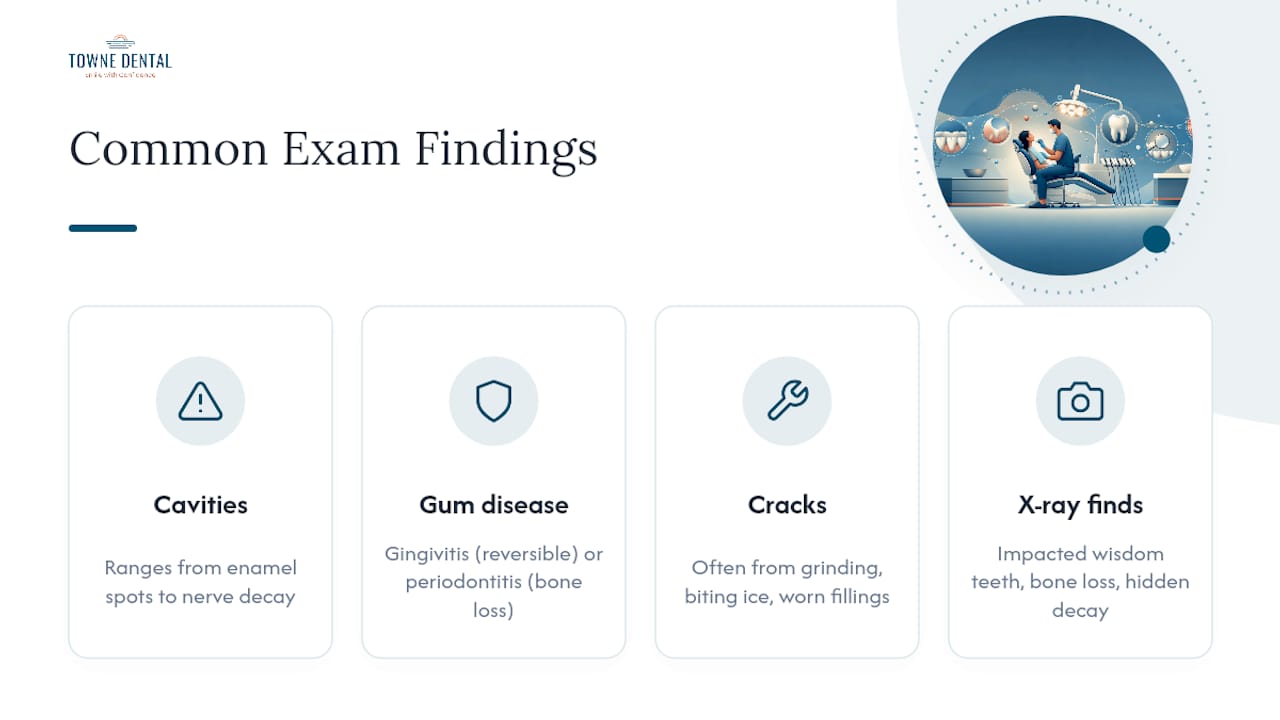 Icon-based infographic summarizing dental exam findings