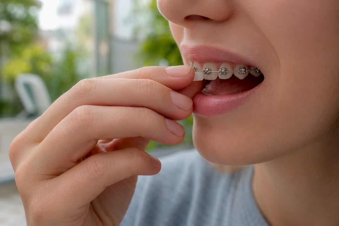 Hand applying orthodontic wax on braces bracket