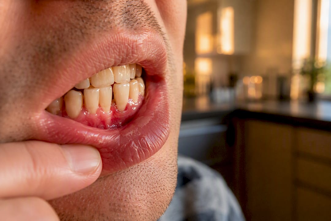 Close-up inflamed gums around loose tooth