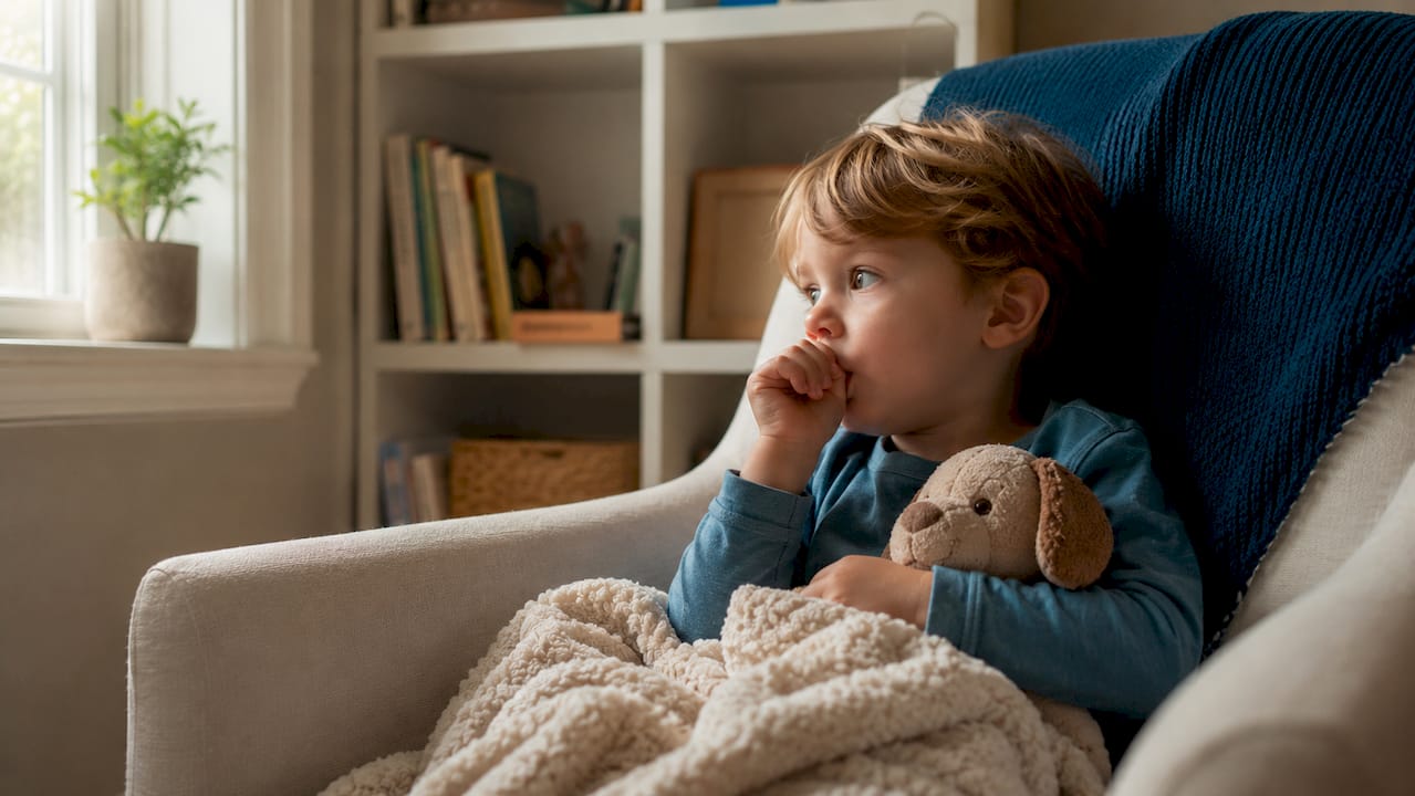 Child calmly thumb sucking at home