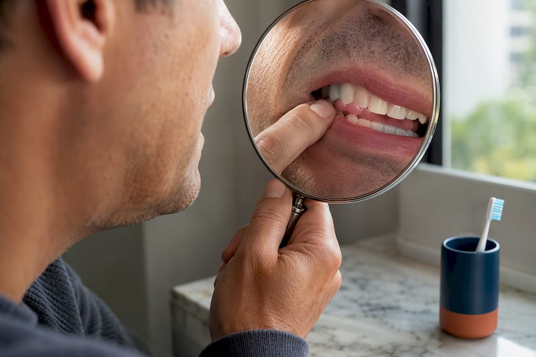 Patient checking front implant gum line