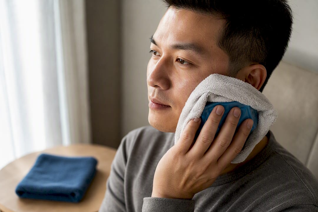 Adult using cold pack after implant surgery